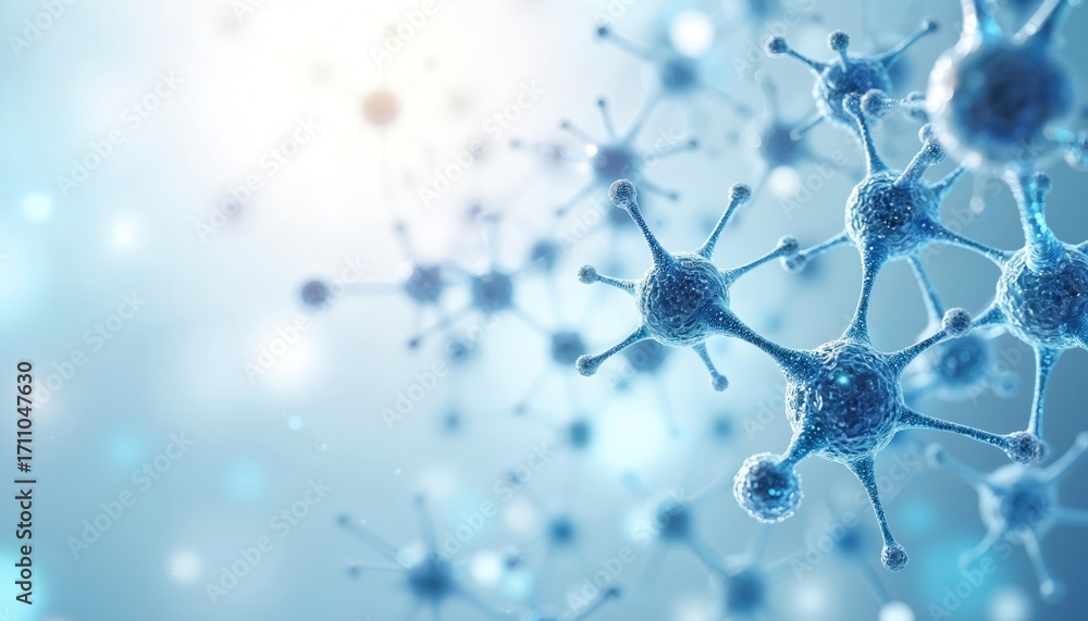 Poster abstract illustration of molecular structure in blue color palette. intricate design atom connection