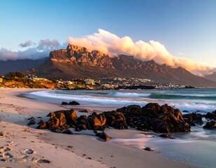 Stunning coastal scenery showcases a beach, ocean waves, and a dramatic mountain range at sunrise or sunset, bathed in warm golden hues.