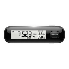 Black digital pedometer tracking steps distance and calories isolated against white.