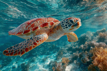 Marine biologist dives with scuba gear to observe a sea turtle swimming near vibrant coral reefs