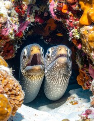 Two moray eels, mouths agape, rest within a vibrant coral reef cave, displaying intricate patterns and colors.