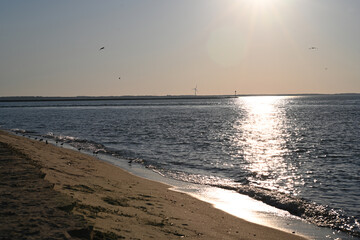 Sunset over Calm Water and Sandy Beach Shore