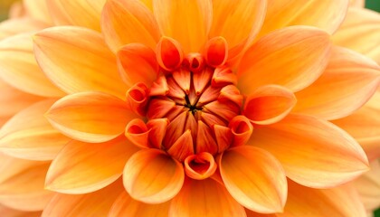 A close-up view of a vibrant orange dahlia flower, showcasing intricate details of its petals and delicate center.