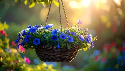 A charming hanging basket overflowing with vibrant blue flowers, bathed in the warm glow of sunlight.