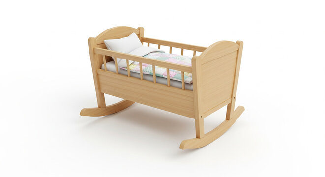 Classic wooden baby crib with rocking capabilities, adorned with soft bedding, providing a cozy and safe space for infants on an isolated transparent background.