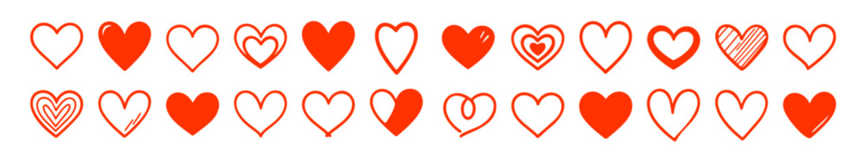 Vector heart shape cute icon. Hand drawn love heart doodle symbol red icon.