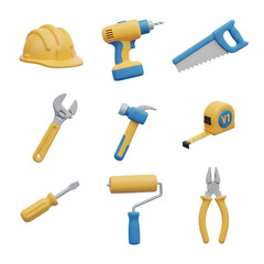 3d icon of collection of construction tools and safety helmet isolated on transparent background