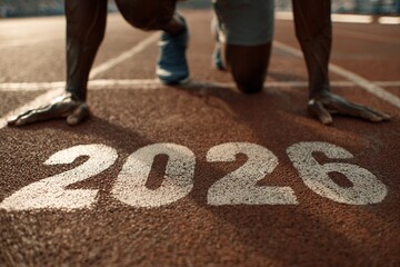 Realistic dawn photograph of an athletics track with a runner in starting position on the blocks and the number 2026 boldly painted on the lane, dramatic lighting and sharp details.