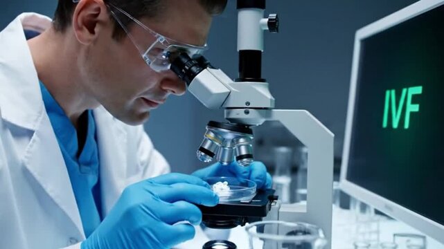 Embryologist in a fertility clinic lab conducting in vitro fertilization research using a microscope to examine a petri dish sample for an advanced reproductive technology procedure