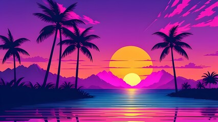 Illustration of a vibrant sunset over a tropical sea with palm trees silhouetted against a colorful sky.