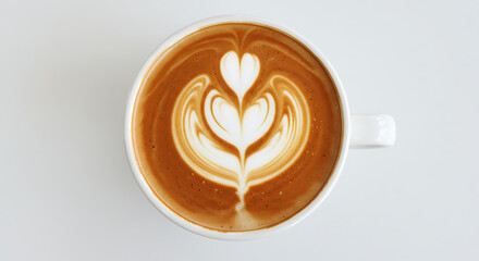 Perfectly crafted latte art featuring a heart design within a white ceramic cup, inviting a moment of calm and rich coffee enjoyment.