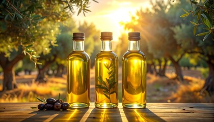 Three bottles of golden olive oil stand on a wooden table, bathed in the warm glow of the setting sun amidst a grove of olive trees.