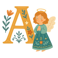 Letter A with cute angel character fairy tale alphabet illustration for kids, nursery wall art, educational posters, school materials, learning letters and children’s design projects