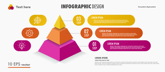 Pyramid infographic template 3 steps modern 3d style for presentation, start up project, business strategy, theory basic operation, logic analysis vector 10 eps