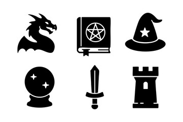 Fantasy icons in black silhouette style: dragon, magic book, wizard hat, crystal ball, sword, and castle tower.
