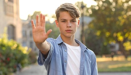 A teenage boy displays a hand gesture of refusal in an outdoor setting.