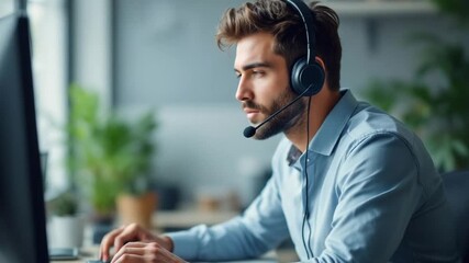 Man using headset on computer - Powered by Adobe