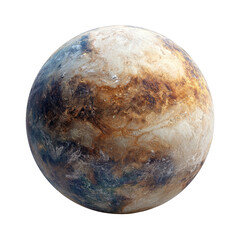 A round, alien planet with a diverse, textured surface.  Muted tones of beige, brown, and muted blue hues dominate.  Visible are shifting patterns and formations across the globe.