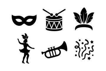 Carnival icons in black silhouette style: mask, drum, feathers, dancer, trumpet, and confetti.