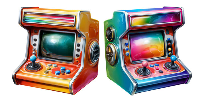 Colorful Vintage Arcade Machines with Joy Sticks on Transparent Background