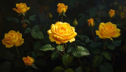 Vibrant yellow roses in a dark garden setting, showcasing intricate details and a warm, radiant light.
