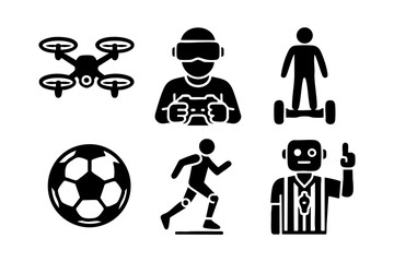 Modern technology and sports icons in black silhouette style: drone, VR gamer, hoverboard rider, soccer ball, runner, and robot referee.
