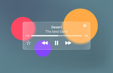 Glass music audio player ui. Media transparent music player design digital interface.