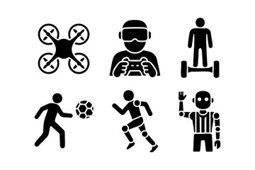 Modern sports and technology icons in black silhouette style: drone, gamer with VR headset, person on hoverboard, football player, runner, and robot referee.