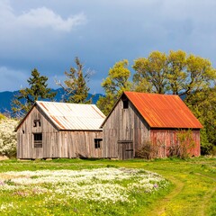 Obraz premium Rustic barns in a field of wildflowers