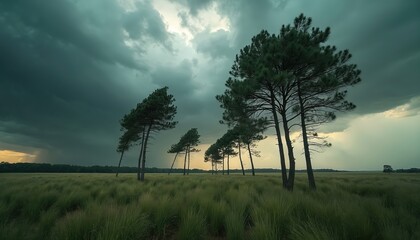 Fototapeta premium Green grass field stretches under heavy stormy dark sky. Tall pine trees bend with powerful wind gusts. Distant rain showers fall, sunlight breaks on horizon. Nature shows wild dramatic force. Open