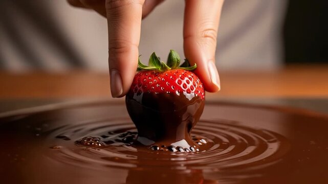 Strawberry dipped in chocolate held above liquid chocolate. Dipped strawberry shows fresh fruit as it is being coated with sweet sauce, dripping and making ripples.