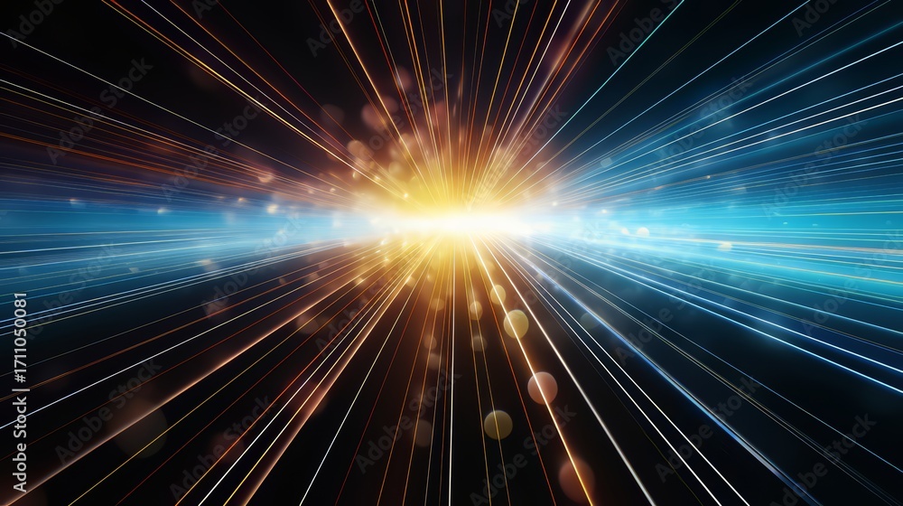 Poster bright light is shining through a dark sky. the light is made up of many different colors and is cre
