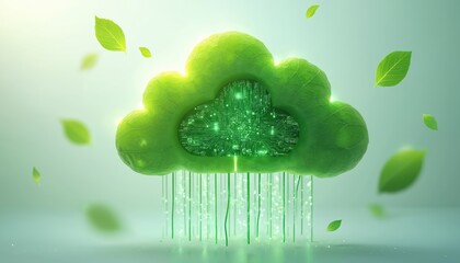 Cloud computing concept with green leaf, circuit board. Eco friendly tech solutions like virtual servers, eco data centers, renewable energy, modern environmentalism, sustainable information tech.