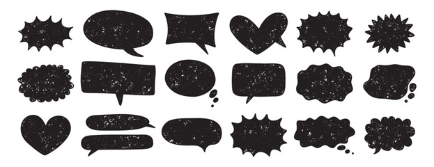 speech bubbles in various shapes set. Crayon grunge texture communication frames. Textbox cloud, chat text boxes 