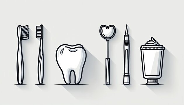 Dental hygiene tools include toothbrushes scaler mirror and toothpaste tube. Clean healthy tooth graphic for oral care clinic or dental health awareness campaign.