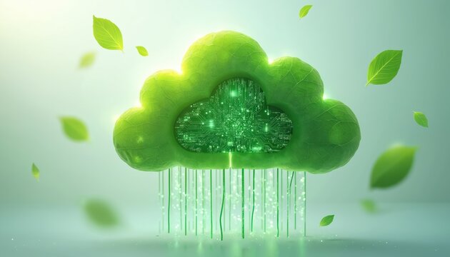 Cloud computing concept with green leaf, circuit board. Eco friendly tech solutions like virtual servers, eco data centers, renewable energy, modern environmentalism, sustainable information tech.