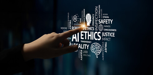 A close-up of a hand pointing at key concepts like ethics, justice, and safety. The image...