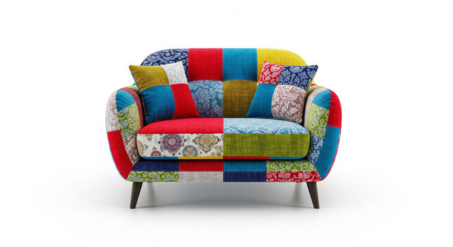 Vibrant and eclectic patchwork sofa with various patterns and colors, offering a bohemian style on an isolated transparent background.