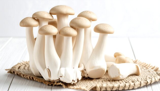 Cluster of light brown mushrooms on woven surface