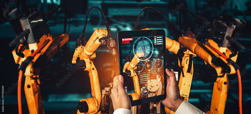Poster engineer controls robotic arms by augmented reality industry technology application software. smart 