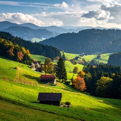 A picturesque valley unfolds with rolling hills, lush green meadows, and rustic farmhouses under a vibrant sky.