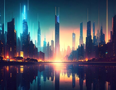 Futuristic city skyline reflected in a calm body of water, vibrant neon lights, tall skyscrapers, sunrise or sunset