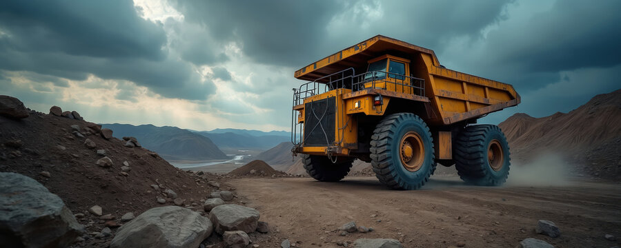 Massive yellow dump truck drives on dirt road at mine site. Rugged hills and dramatic stormy clouds form background. Heavy machinery transports materials across rough terrain.
