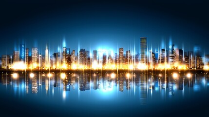 City skyline is reflected in the water. The city is lit up at night, creating a beautiful and serene atmosphere