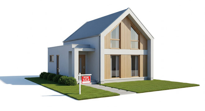 Contemporary two-story suburban house with a "FOR SALE" sign on a neatly kept lawn, presented in a bright studio setting.