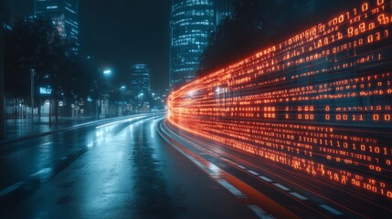 City street with a bright orange line of code on the road. The code is glowing and he is moving. The scene is set at night, with the city lights in the background