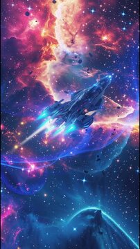 Nave espacial volando a trav&eacute;s de una galaxia con estrellas y nebulosas, un rastro c&oacute;smico colorido, animaci&oacute;n en bucle vertical, est&eacute;tica de ciencia ficci&oacute;n de ensue&ntilde;o