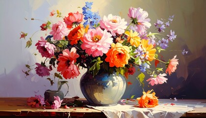 A vibrant bouquet of flowers in a vase, painted with rich colors and detailed brushstrokes, creating a captivating still life scene.