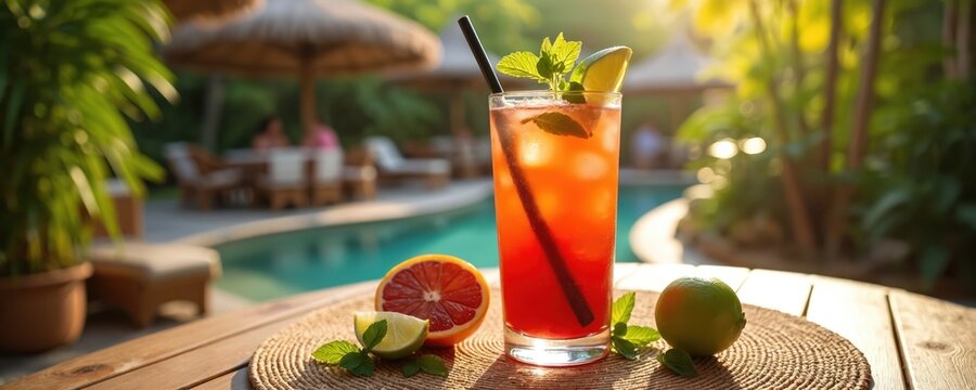 Refreshing blood orange mojito by poolside. Tropical cocktail garnished with mint and lime. Summer beverage on wooden table, vacation vibes and relaxation at luxury resort. Exotic drink. Holiday.