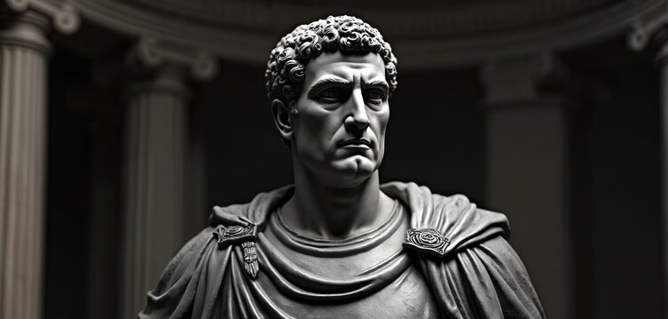 Marble bust of Roman emperor Constantine the Great sculpture. Ancient leader in togate attire. Historical artifact from Rome, a symbol of power and empire. Famous bust.